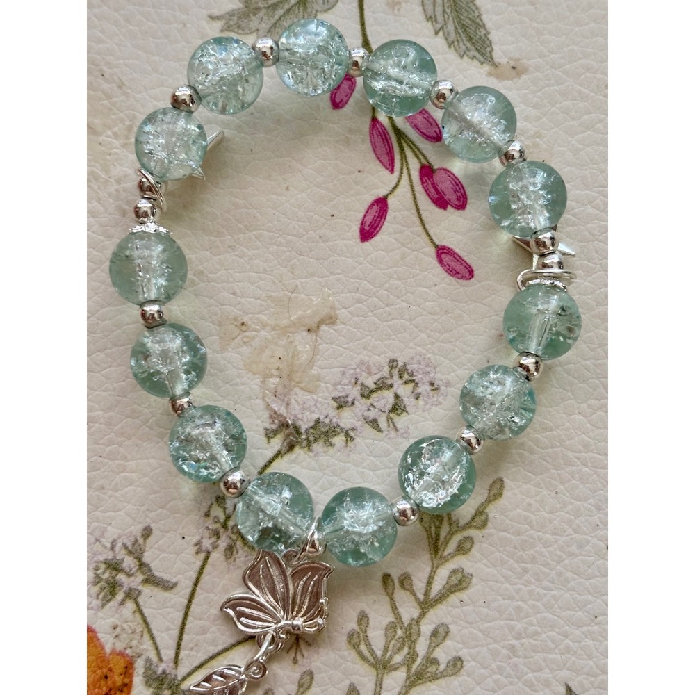 Seafoam Green Crackle Glass Beaded Stretch Bracelet Silver Butterfly Charm